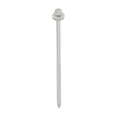 This is an image showing TIMCO Metal Construction Thin Sheet Metal to Timber Screws - Hex - EPDM Washer - Slash Point - Exterior - Silver Organic - 6.3 x 150 - 100 Pieces Box available from T.H Wiggans Ironmongery in Kendal, quick delivery at discounted prices.