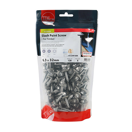 This is an image showing TIMCO Metal Construction Thin Sheet Metal to Timber Screws - Hex - EPDM Washer - Slash Point - Exterior - Silver Organic - 6.3 x 32 - 120 Pieces TIMbag available from T.H Wiggans Ironmongery in Kendal, quick delivery at discounted prices.