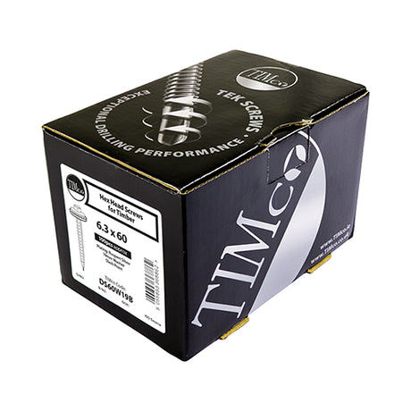 This is an image showing TIMCO Metal Construction Thin Sheet Metal to Timber Screws - Hex - EPDM Washer - Slash Point - Exterior - Silver Organic - 6.3 x 32 - 100 Pieces Box available from T.H Wiggans Ironmongery in Kendal, quick delivery at discounted prices.