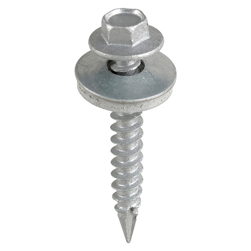 This is an image showing TIMCO Metal Construction Thin Sheet Metal to Timber Screws - Hex - EPDM Washer - Slash Point - Exterior - Silver Organic - 6.3 x 45 - 90 Pieces TIMbag available from T.H Wiggans Ironmongery in Kendal, quick delivery at discounted prices.