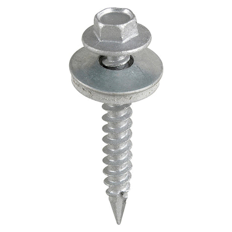 This is an image showing TIMCO Metal Construction Thin Sheet Metal to Timber Screws - Hex - EPDM Washer - Slash Point - Exterior - Silver Organic - 6.3 x 45 - 90 Pieces TIMbag available from T.H Wiggans Ironmongery in Kendal, quick delivery at discounted prices.