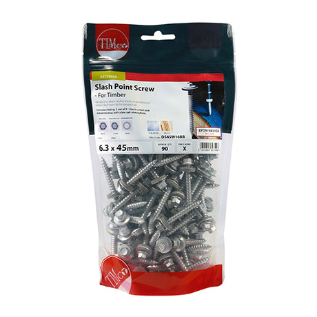 This is an image showing TIMCO Metal Construction Thin Sheet Metal to Timber Screws - Hex - EPDM Washer - Slash Point - Exterior - Silver Organic - 6.3 x 45 - 90 Pieces TIMbag available from T.H Wiggans Ironmongery in Kendal, quick delivery at discounted prices.