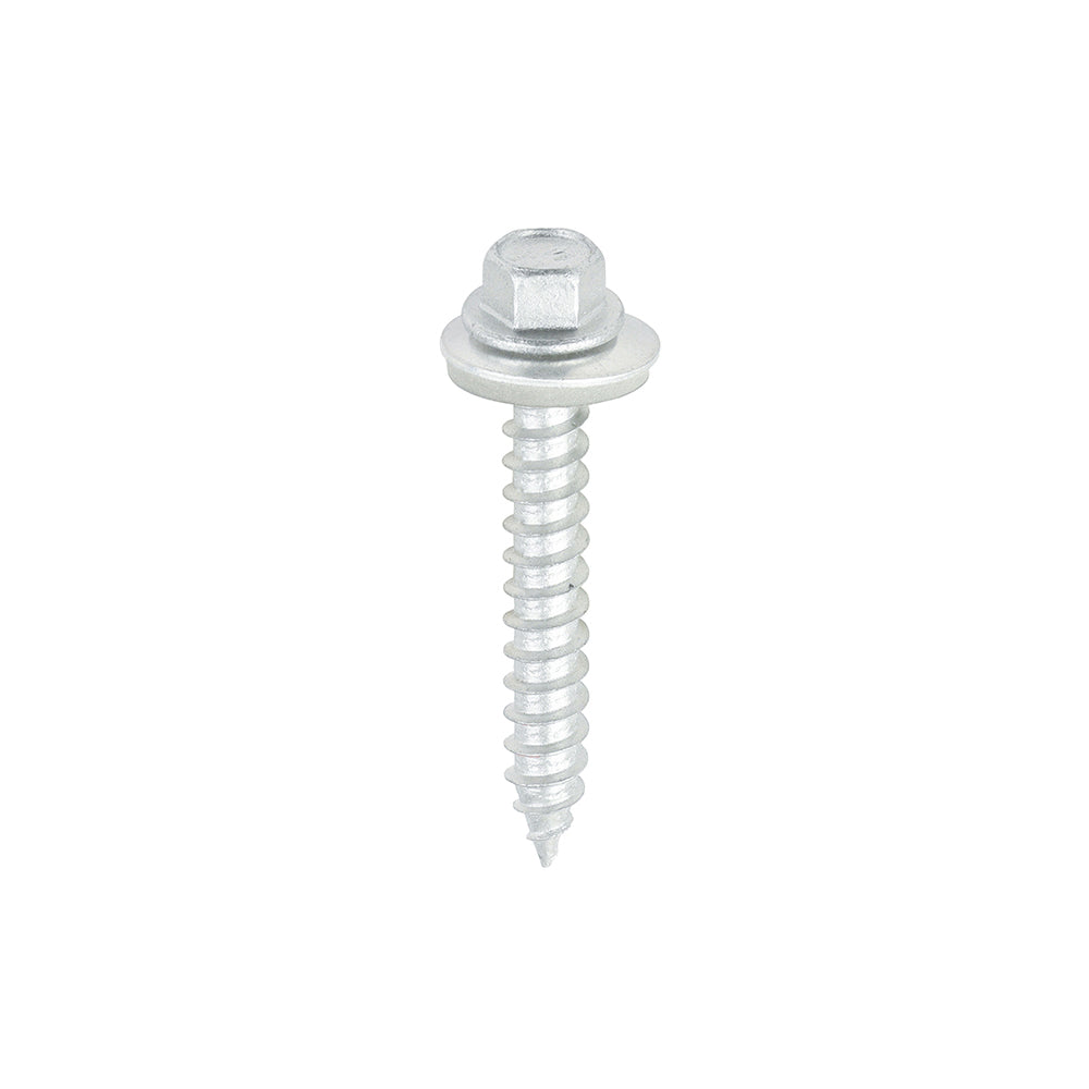 This is an image showing TIMCO Metal Construction Thin Sheet Metal to Timber Screws - Hex - EPDM Washer - Slash Point - Exterior - Silver Organic - 6.3 x 45 - 100 Pieces Box available from T.H Wiggans Ironmongery in Kendal, quick delivery at discounted prices.
