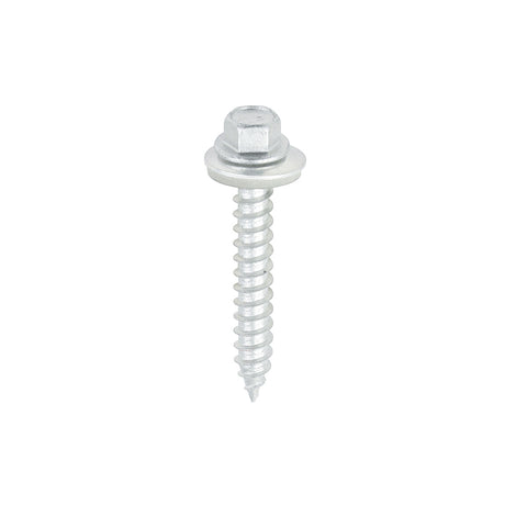 This is an image showing TIMCO Metal Construction Thin Sheet Metal to Timber Screws - Hex - EPDM Washer - Slash Point - Exterior - Silver Organic - 6.3 x 45 - 100 Pieces Box available from T.H Wiggans Ironmongery in Kendal, quick delivery at discounted prices.