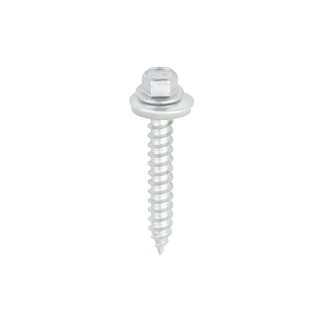 This is an image showing TIMCO Metal Construction Thin Sheet Metal to Timber Screws - Hex - EPDM Washer - Slash Point - Exterior - Silver Organic - 6.3 x 45 - 100 Pieces Box available from T.H Wiggans Ironmongery in Kendal, quick delivery at discounted prices.