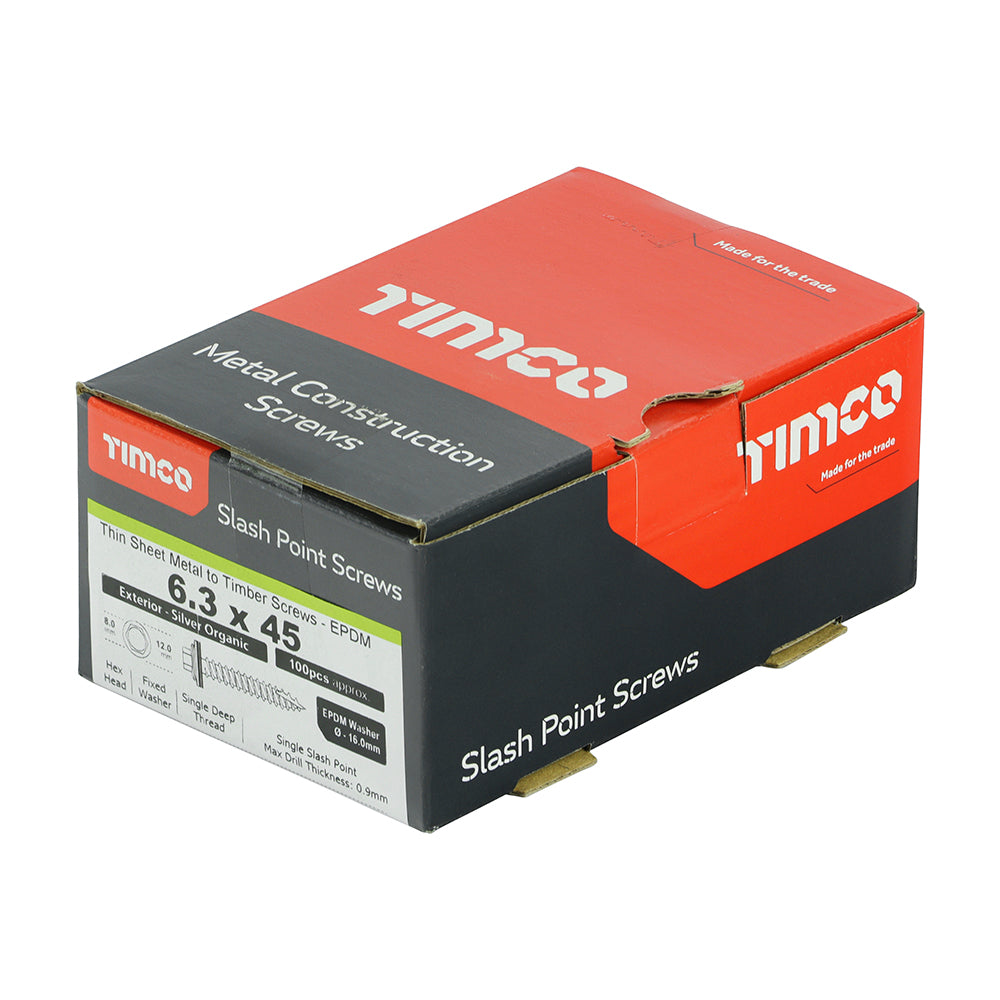 This is an image showing TIMCO Metal Construction Thin Sheet Metal to Timber Screws - Hex - EPDM Washer - Slash Point - Exterior - Silver Organic - 6.3 x 45 - 100 Pieces Box available from T.H Wiggans Ironmongery in Kendal, quick delivery at discounted prices.