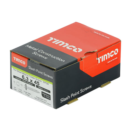 This is an image showing TIMCO Metal Construction Thin Sheet Metal to Timber Screws - Hex - EPDM Washer - Slash Point - Exterior - Silver Organic - 6.3 x 45 - 100 Pieces Box available from T.H Wiggans Ironmongery in Kendal, quick delivery at discounted prices.