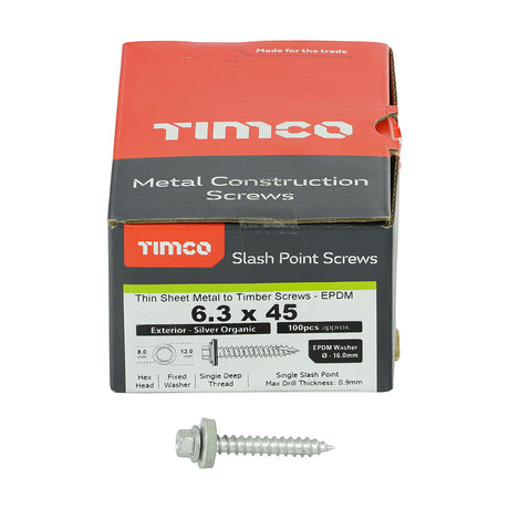 This is an image showing TIMCO Metal Construction Thin Sheet Metal to Timber Screws - Hex - EPDM Washer - Slash Point - Exterior - Silver Organic - 6.3 x 45 - 100 Pieces Box available from T.H Wiggans Ironmongery in Kendal, quick delivery at discounted prices.