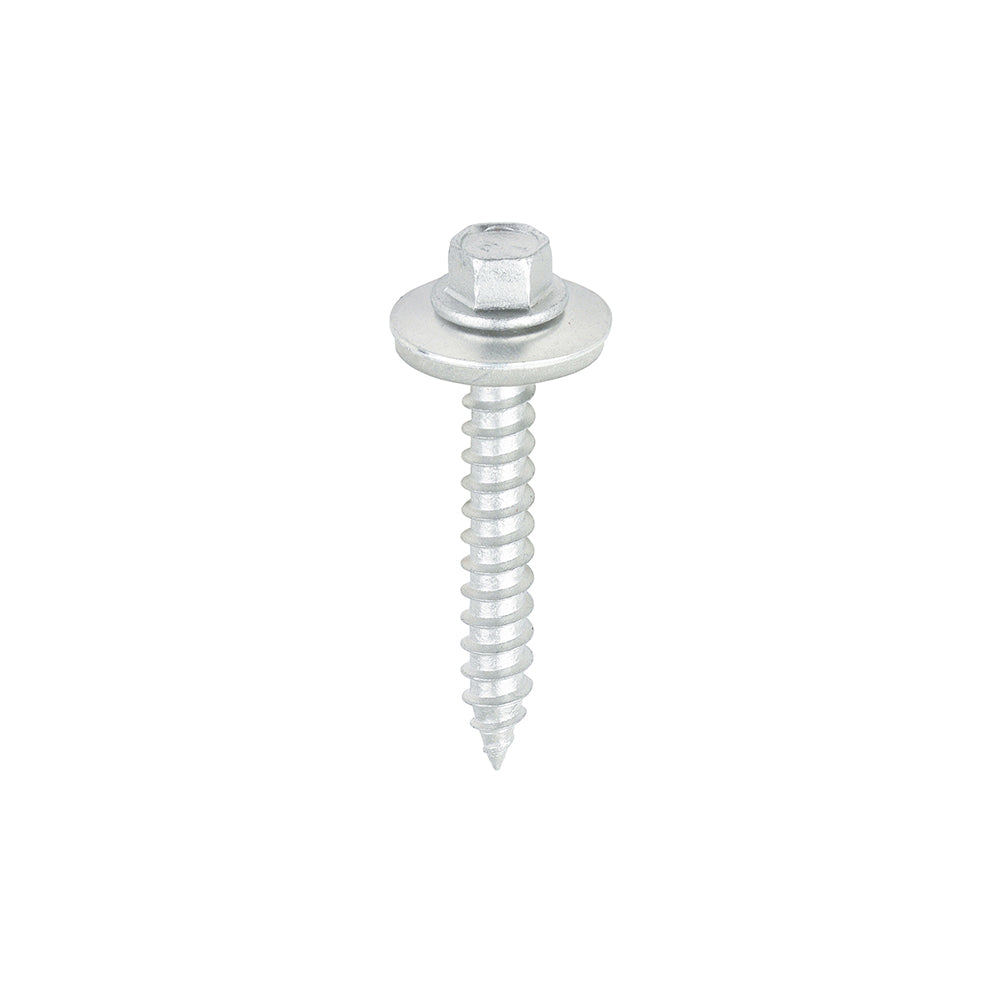 This is an image showing TIMCO Metal Construction Thin Sheet Metal to Timber Screws - Hex - EPDM Washer - Slash Point - Exterior - Silver Organic - 6.3 x 45 - 100 Pieces Box available from T.H Wiggans Ironmongery in Kendal, quick delivery at discounted prices.