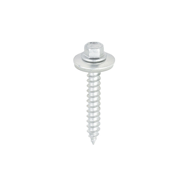 This is an image showing TIMCO Metal Construction Thin Sheet Metal to Timber Screws - Hex - EPDM Washer - Slash Point - Exterior - Silver Organic - 6.3 x 45 - 100 Pieces Box available from T.H Wiggans Ironmongery in Kendal, quick delivery at discounted prices.