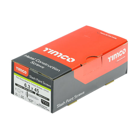 This is an image showing TIMCO Metal Construction Thin Sheet Metal to Timber Screws - Hex - EPDM Washer - Slash Point - Exterior - Silver Organic - 6.3 x 45 - 100 Pieces Box available from T.H Wiggans Ironmongery in Kendal, quick delivery at discounted prices.