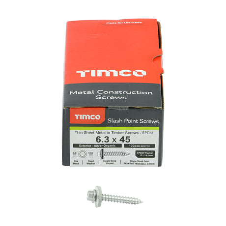 This is an image showing TIMCO Metal Construction Thin Sheet Metal to Timber Screws - Hex - EPDM Washer - Slash Point - Exterior - Silver Organic - 6.3 x 45 - 100 Pieces Box available from T.H Wiggans Ironmongery in Kendal, quick delivery at discounted prices.