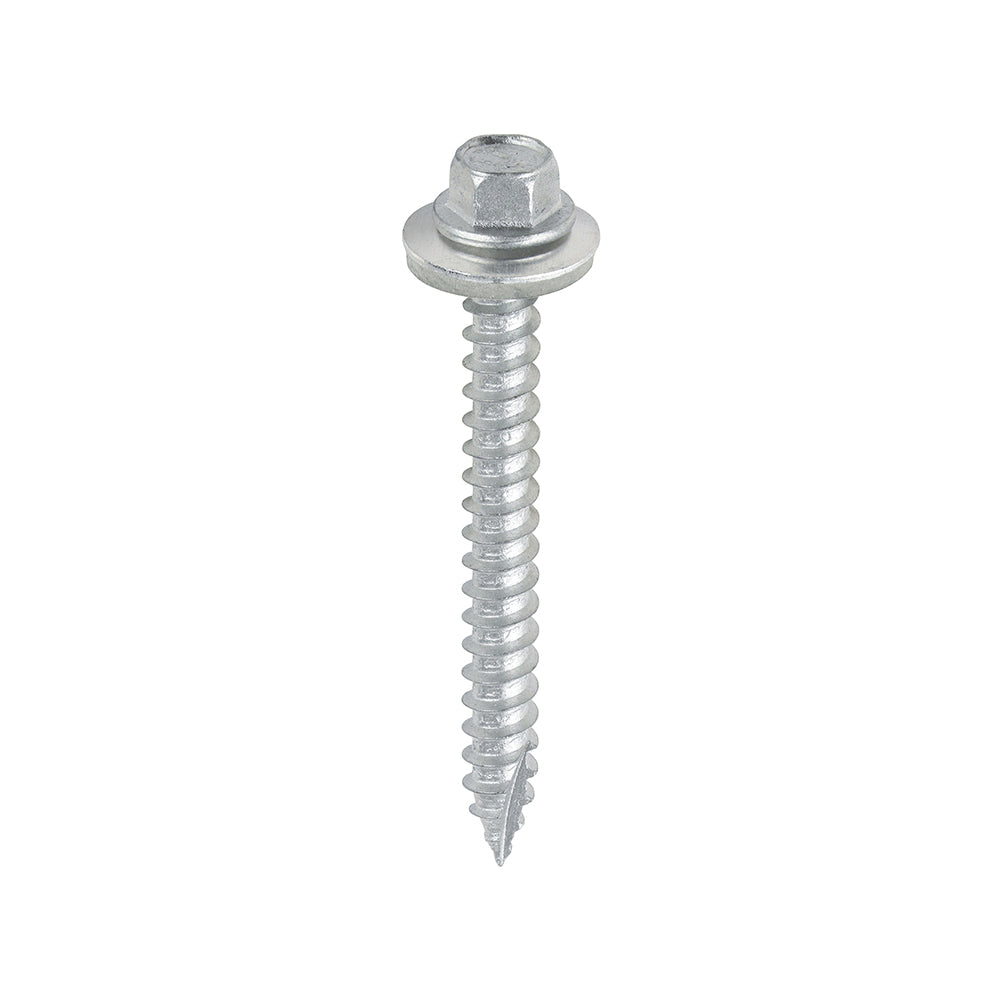 This is an image showing TIMCO Metal Construction Thin Sheet Metal to Timber Screws - Hex - EPDM Washer - Slash Point - Exterior - Silver Organic - 6.3 x 60 - 100 Pieces Box available from T.H Wiggans Ironmongery in Kendal, quick delivery at discounted prices.
