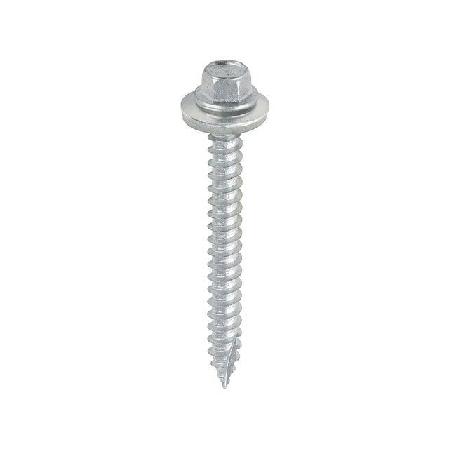 This is an image showing TIMCO Metal Construction Thin Sheet Metal to Timber Screws - Hex - EPDM Washer - Slash Point - Exterior - Silver Organic - 6.3 x 60 - 100 Pieces Box available from T.H Wiggans Ironmongery in Kendal, quick delivery at discounted prices.