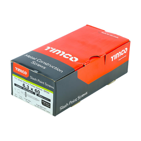 This is an image showing TIMCO Metal Construction Thin Sheet Metal to Timber Screws - Hex - EPDM Washer - Slash Point - Exterior - Silver Organic - 6.3 x 60 - 100 Pieces Box available from T.H Wiggans Ironmongery in Kendal, quick delivery at discounted prices.