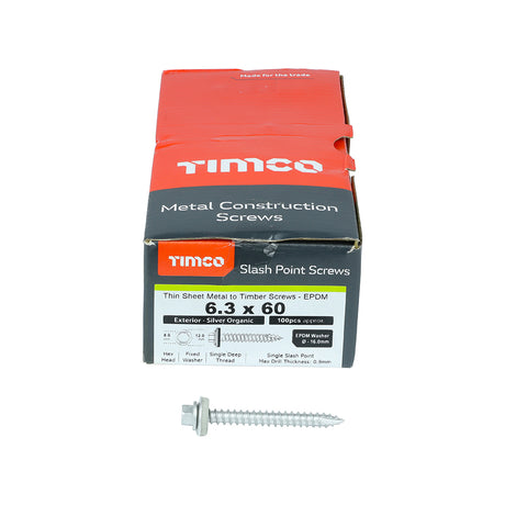 This is an image showing TIMCO Metal Construction Thin Sheet Metal to Timber Screws - Hex - EPDM Washer - Slash Point - Exterior - Silver Organic - 6.3 x 60 - 100 Pieces Box available from T.H Wiggans Ironmongery in Kendal, quick delivery at discounted prices.