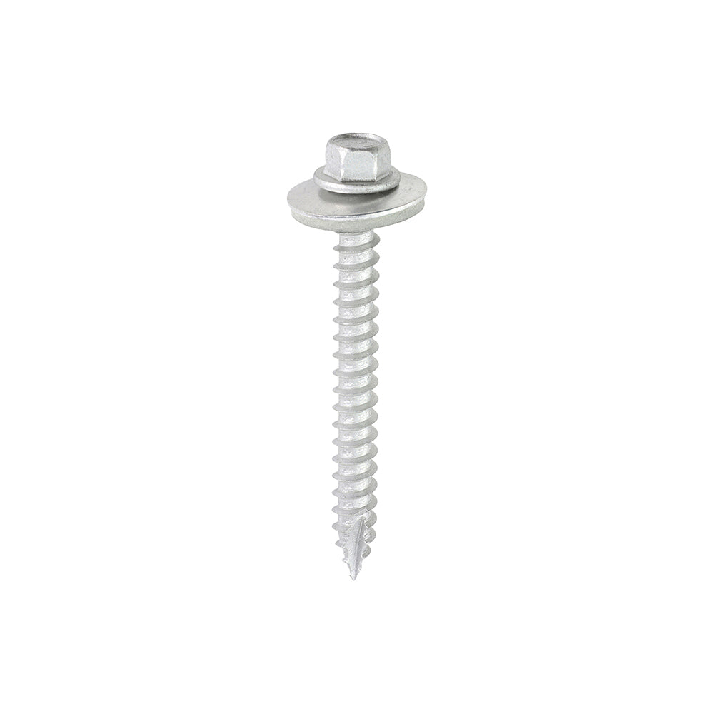 This is an image showing TIMCO Metal Construction Thin Sheet Metal to Timber Screws - Hex - EPDM Washer - Slash Point - Exterior - Silver Organic - 6.3 x 60 - 100 Pieces Box available from T.H Wiggans Ironmongery in Kendal, quick delivery at discounted prices.