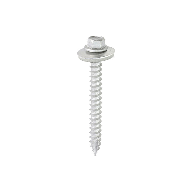 This is an image showing TIMCO Metal Construction Thin Sheet Metal to Timber Screws - Hex - EPDM Washer - Slash Point - Exterior - Silver Organic - 6.3 x 60 - 100 Pieces Box available from T.H Wiggans Ironmongery in Kendal, quick delivery at discounted prices.