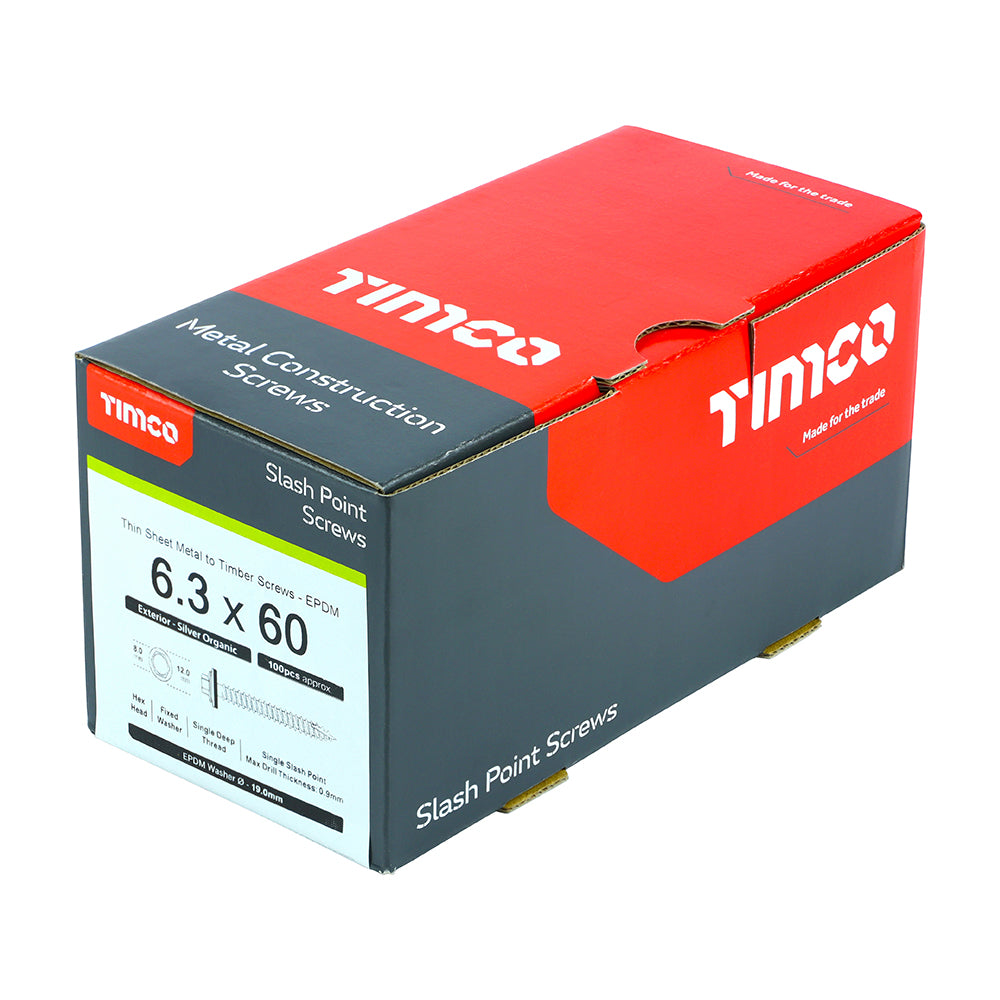 This is an image showing TIMCO Metal Construction Thin Sheet Metal to Timber Screws - Hex - EPDM Washer - Slash Point - Exterior - Silver Organic - 6.3 x 60 - 100 Pieces Box available from T.H Wiggans Ironmongery in Kendal, quick delivery at discounted prices.