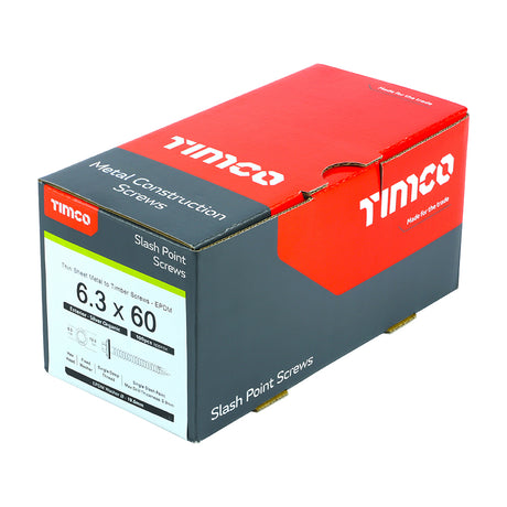 This is an image showing TIMCO Metal Construction Thin Sheet Metal to Timber Screws - Hex - EPDM Washer - Slash Point - Exterior - Silver Organic - 6.3 x 60 - 100 Pieces Box available from T.H Wiggans Ironmongery in Kendal, quick delivery at discounted prices.