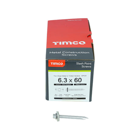 This is an image showing TIMCO Metal Construction Thin Sheet Metal to Timber Screws - Hex - EPDM Washer - Slash Point - Exterior - Silver Organic - 6.3 x 60 - 100 Pieces Box available from T.H Wiggans Ironmongery in Kendal, quick delivery at discounted prices.