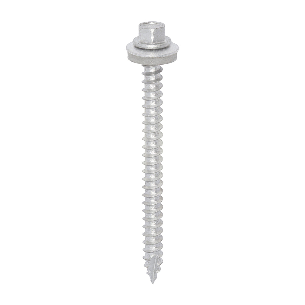 This is an image showing TIMCO Metal Construction Thin Sheet Metal to Timber Screws - Hex - EPDM Washer - Slash Point - Exterior - Silver Organic - 6.3 x 80 - 100 Pieces Box available from T.H Wiggans Ironmongery in Kendal, quick delivery at discounted prices.