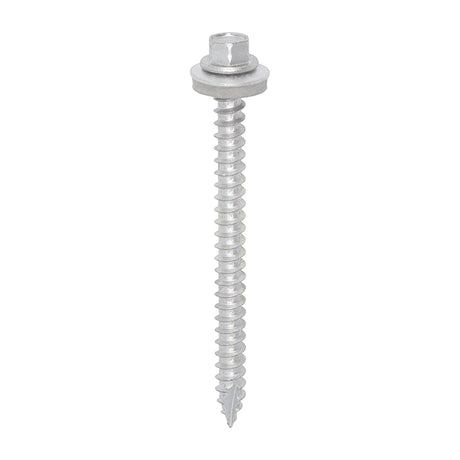 This is an image showing TIMCO Metal Construction Thin Sheet Metal to Timber Screws - Hex - EPDM Washer - Slash Point - Exterior - Silver Organic - 6.3 x 80 - 100 Pieces Box available from T.H Wiggans Ironmongery in Kendal, quick delivery at discounted prices.