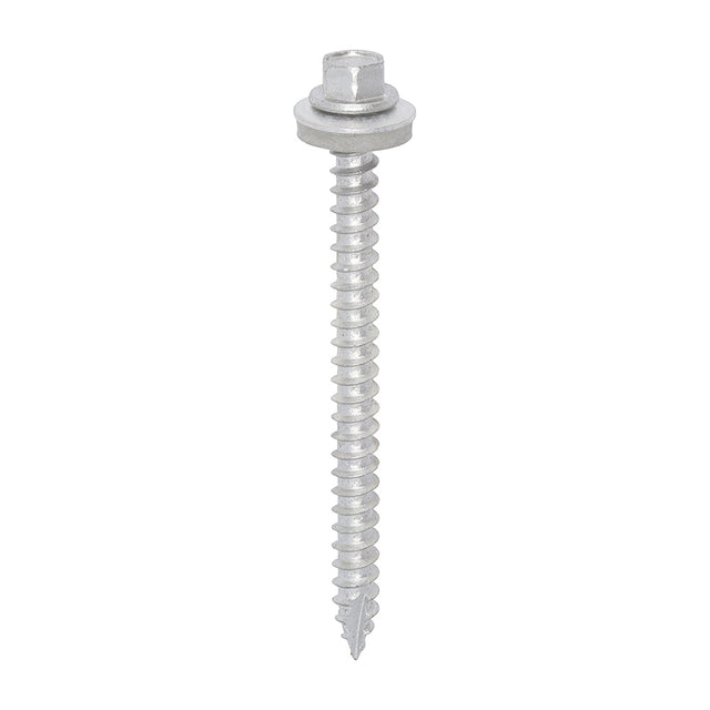 This is an image showing TIMCO Metal Construction Thin Sheet Metal to Timber Screws - Hex - EPDM Washer - Slash Point - Exterior - Silver Organic - 6.3 x 80 - 100 Pieces Box available from T.H Wiggans Ironmongery in Kendal, quick delivery at discounted prices.