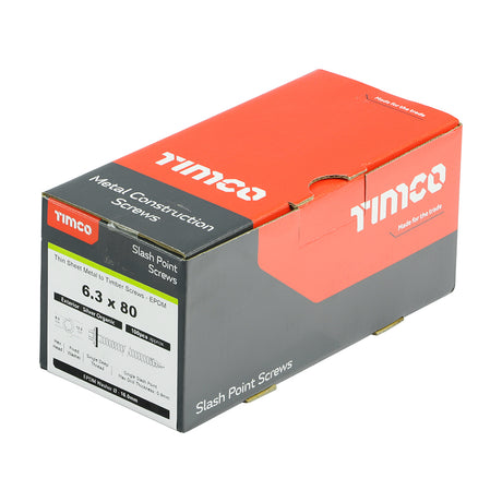 This is an image showing TIMCO Metal Construction Thin Sheet Metal to Timber Screws - Hex - EPDM Washer - Slash Point - Exterior - Silver Organic - 6.3 x 80 - 100 Pieces Box available from T.H Wiggans Ironmongery in Kendal, quick delivery at discounted prices.