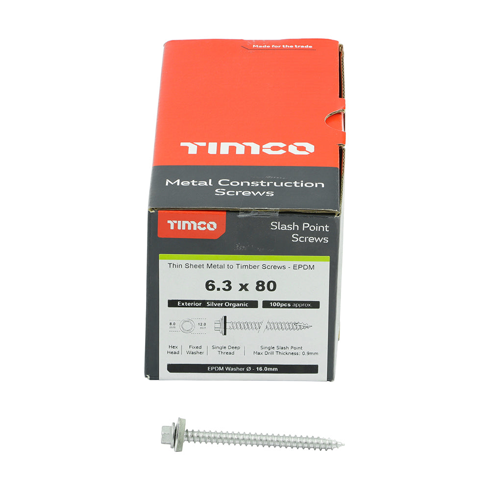 This is an image showing TIMCO Metal Construction Thin Sheet Metal to Timber Screws - Hex - EPDM Washer - Slash Point - Exterior - Silver Organic - 6.3 x 80 - 100 Pieces Box available from T.H Wiggans Ironmongery in Kendal, quick delivery at discounted prices.