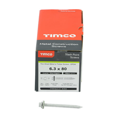 This is an image showing TIMCO Metal Construction Thin Sheet Metal to Timber Screws - Hex - EPDM Washer - Slash Point - Exterior - Silver Organic - 6.3 x 80 - 100 Pieces Box available from T.H Wiggans Ironmongery in Kendal, quick delivery at discounted prices.