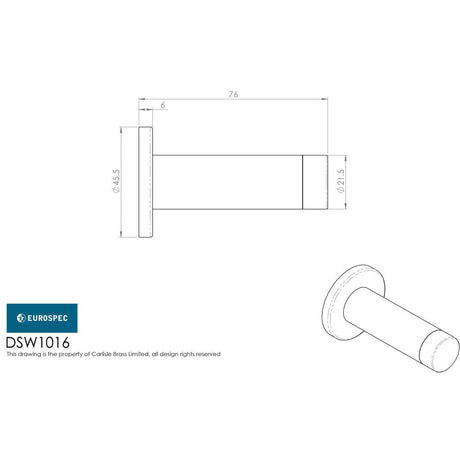 This image is a line drwaing of a Eurospec - Steelworx Wall Mounted Door Stop 76mm - Satin Stainless Steel available to order from Trade Door Handles in Kendal