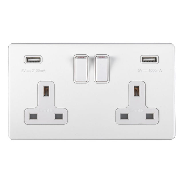 This is an image showing Eurolite Concealed 3mm 2 Gang USB Socket - White (With White Trim) ecw2usbw available to order from T.H. Wiggans Ironmongery in Kendal, quick delivery and discounted prices.