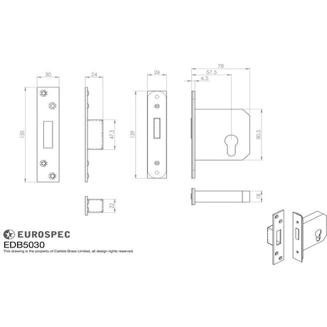 This image is a line drwaing of a Eurospec - Euro Profile BS Cylinder Deadlock 64mm - Satin Stainless Steel available to order from T.H Wiggans Architectural Ironmongery in Kendal