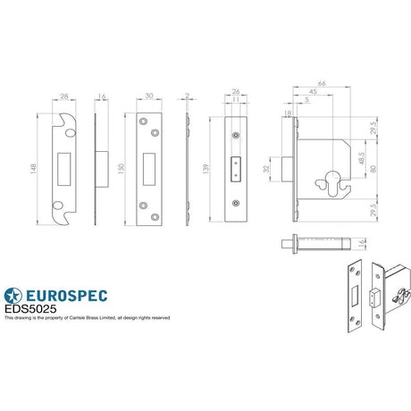 This image is a line drwaing of a Eurospec - Euro Profile Deadlock 64mm - Satin Stainless Steel available to order from T.H Wiggans Architectural Ironmongery in Kendal