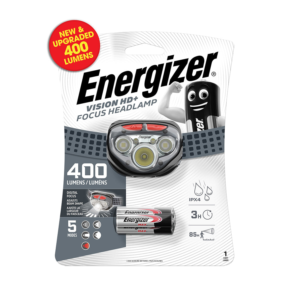 This is an image showing TIMCO Energizer® LED Vision HD+ Focus Headlamp - 400 Lumen - Grey / 400 Lumen - 1 Each Backing Card available from T.H Wiggans Ironmongery in Kendal, quick delivery at discounted prices.