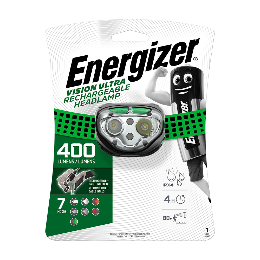 This is an image showing TIMCO Energizer® LED Vision Ultra Rechargeable Headlamp - 400 Lumen - Green / 400 Lumen - 1 Each Backing Card available from T.H Wiggans Ironmongery in Kendal, quick delivery at discounted prices.