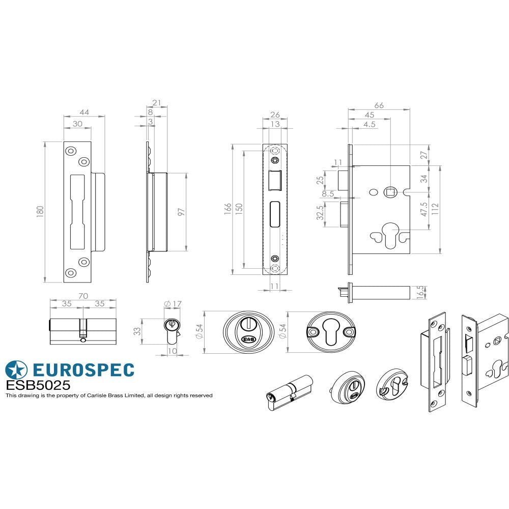 This image is a line drwaing of a Eurospec - Easi T Euro Profile BS Cylinder Sashlock 64mm - Satin Stainless Steel available to order from T.H Wiggans Architectural Ironmongery in Kendal