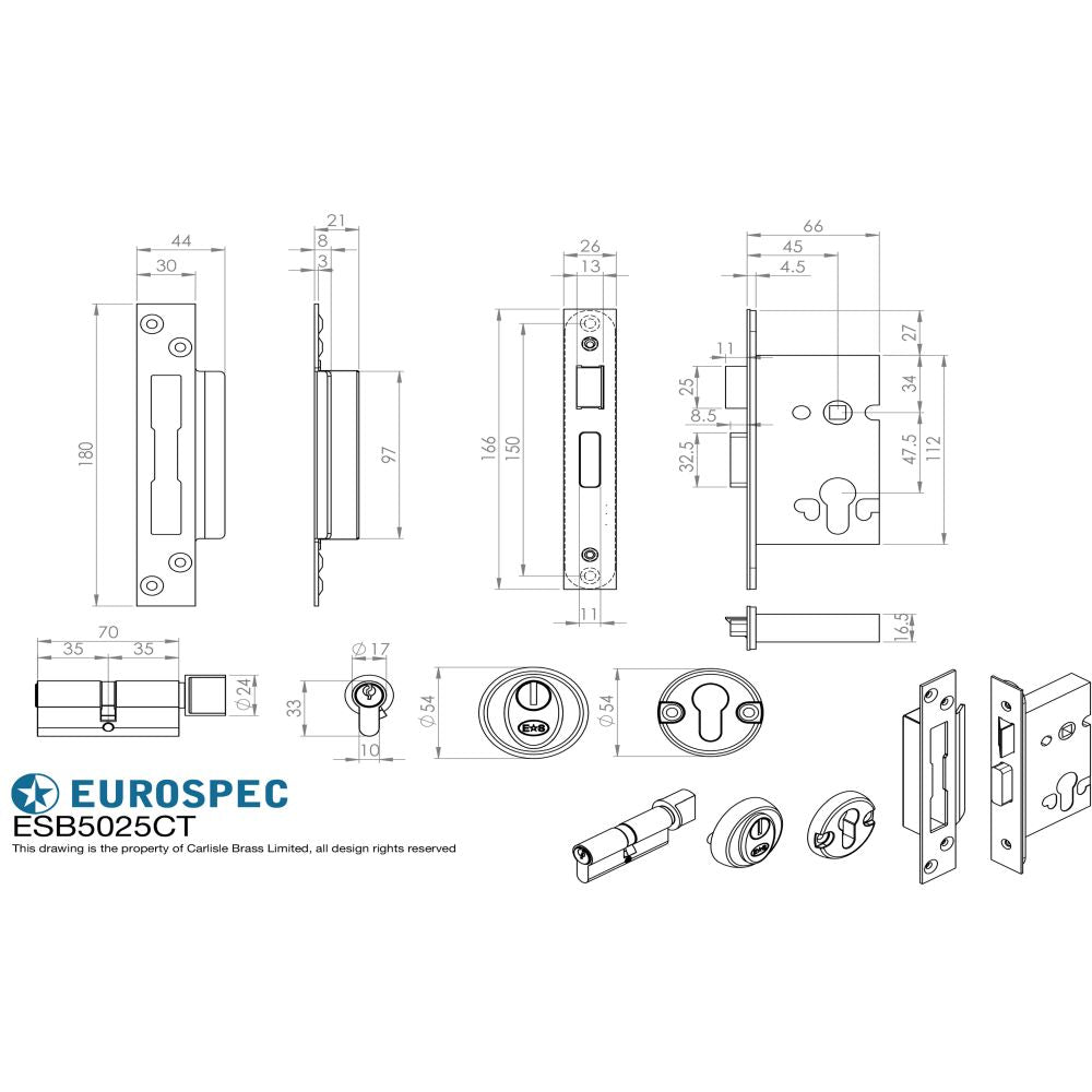 This image is a line drwaing of a Eurospec - Easi T Euro Profile BS Cylinder and Turn Sashlock 64mm - Satin Stainl available to order from T.H Wiggans Architectural Ironmongery in Kendal