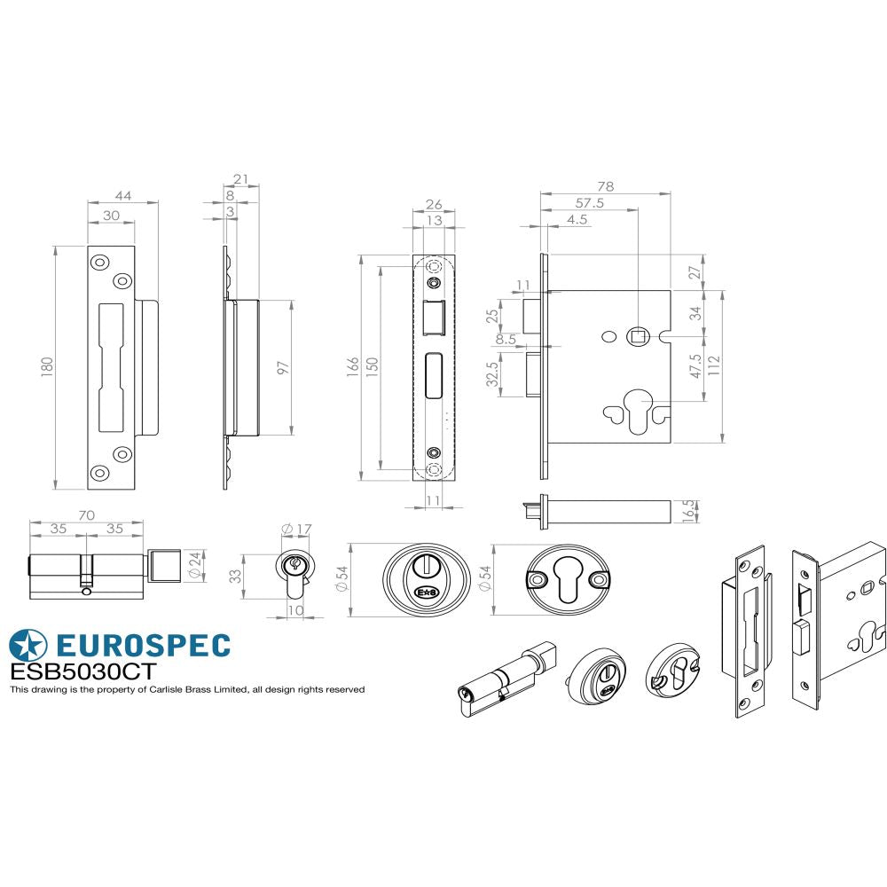 This image is a line drwaing of a Eurospec - Easi T Euro Profile BS Cylinder and Turn Sashlock 76mm - Satin Stainl available to order from T.H Wiggans Architectural Ironmongery in Kendal