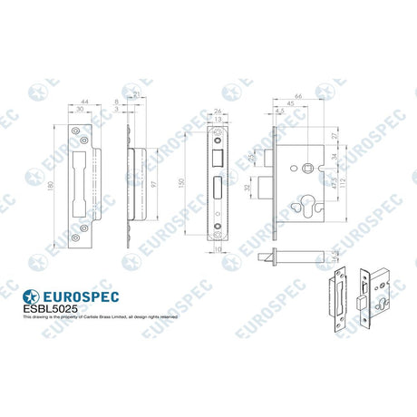 This image is a line drwaing of a Eurospec - Euro Profile High Security Cylinder Sashlock (replacement lock case o available to order from T.H Wiggans Architectural Ironmongery in Kendal