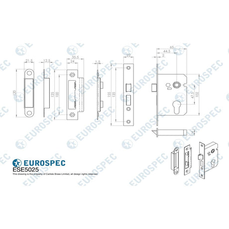 This image is a line drwaing of a Eurospec - Easi-T Economy Euro Profile Sashlock 64mm - Satin Nickel available to order from T.H Wiggans Architectural Ironmongery in Kendal