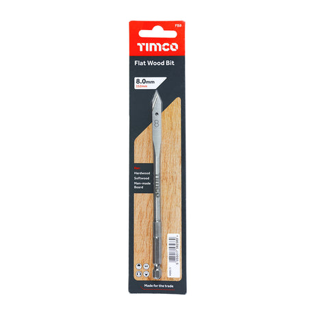 This is an image showing TIMCO Flat Wood Bit - 8.0 x 152 - 1 Each Blister Pack available from T.H Wiggans Ironmongery in Kendal, quick delivery at discounted prices.