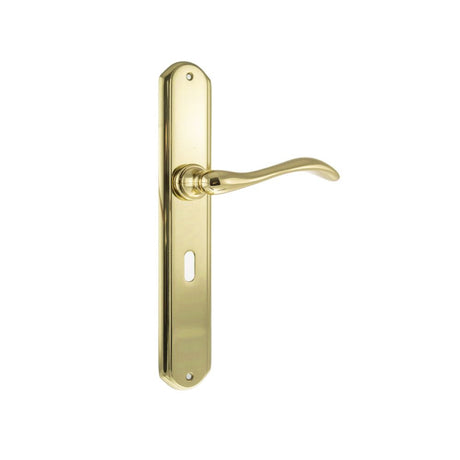 This is an image of Forme Valence Solid Brass Key Lever on Backplate - Polished Brass available to order from Trade Door Handles.
