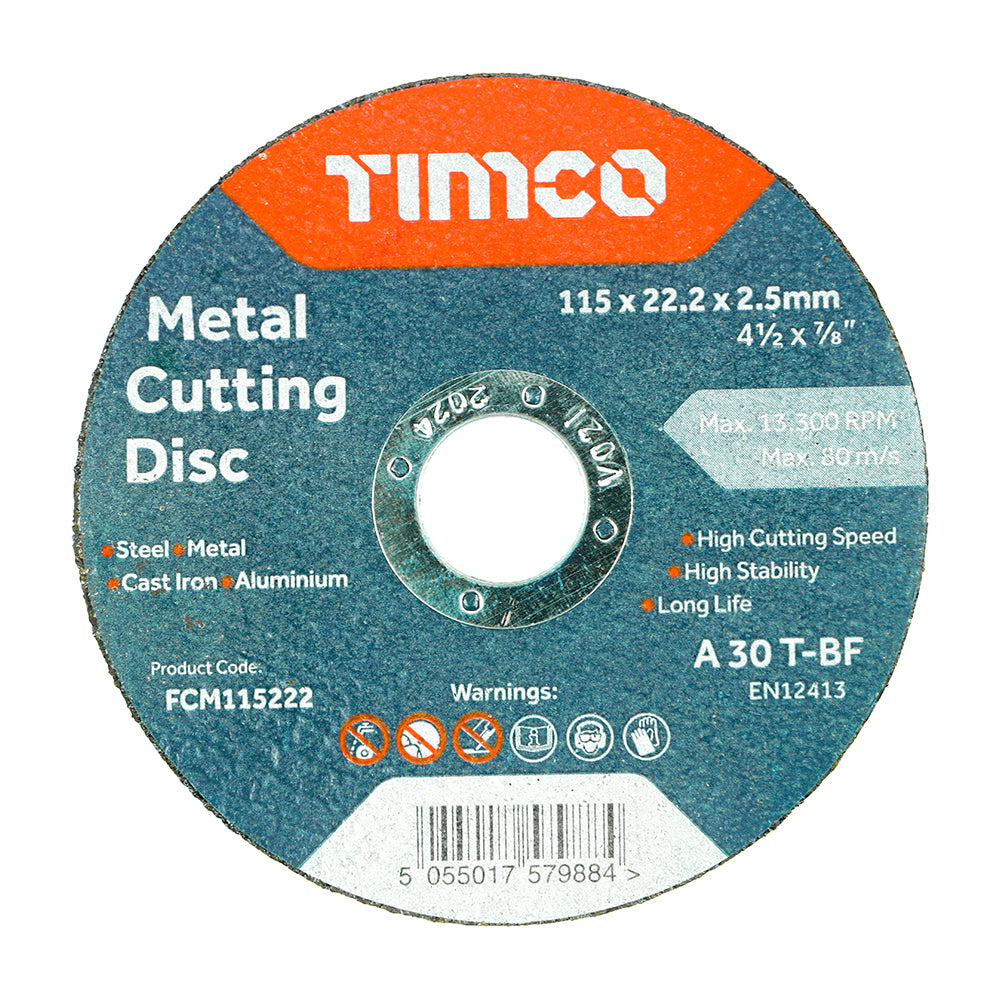 This is an image showing TIMCO Bonded Abrasive Disc - For Cutting - 115 x 22.2 x 2.5 - 50 Pieces Box available from T.H Wiggans Ironmongery in Kendal, quick delivery at discounted prices.