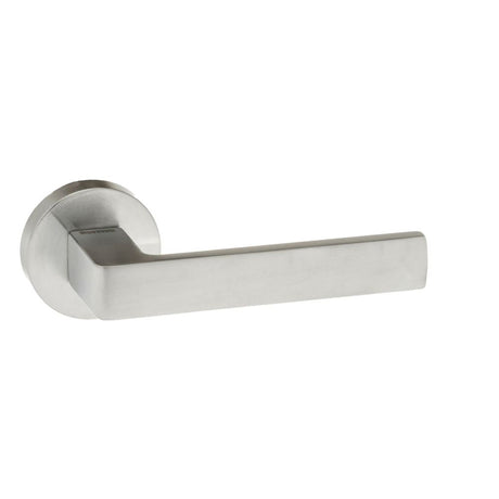 This is an image of Forme Asti Designer Lever on Minimal Round Rose - Satin Chrome available to order from T.H Wiggans Architectural Ironmongery in Kendal, quick delivery and discounted prices.