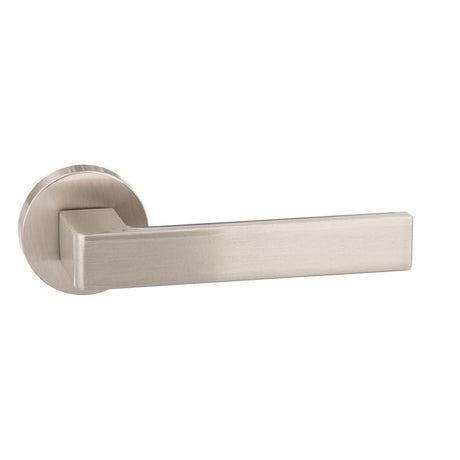 This is an image of Forme Asti Designer Lever on Minimal Round Rose - Satin Nickel available to order from T.H Wiggans Architectural Ironmongery in Kendal, quick delivery and discounted prices.