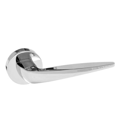 This is an image of Forme Foglia Designer Lever on Minimal Round Rose - Polished Chrome available to order from T.H Wiggans Architectural Ironmongery in Kendal, quick delivery and discounted prices.