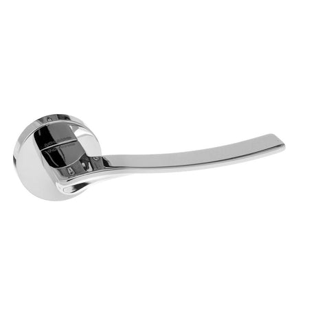 This is an image of Forme Olimpia Designer Lever on Minimal Round Rose - Polished Chrome available to order from T.H Wiggans Architectural Ironmongery in Kendal, quick delivery and discounted prices.