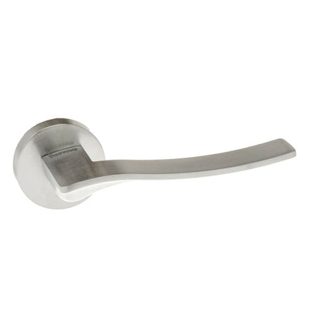 This is an image of Forme Olimpia Designer Lever on Minimal Round Rose - Satin Chrome available to order from T.H Wiggans Architectural Ironmongery in Kendal, quick delivery and discounted prices.